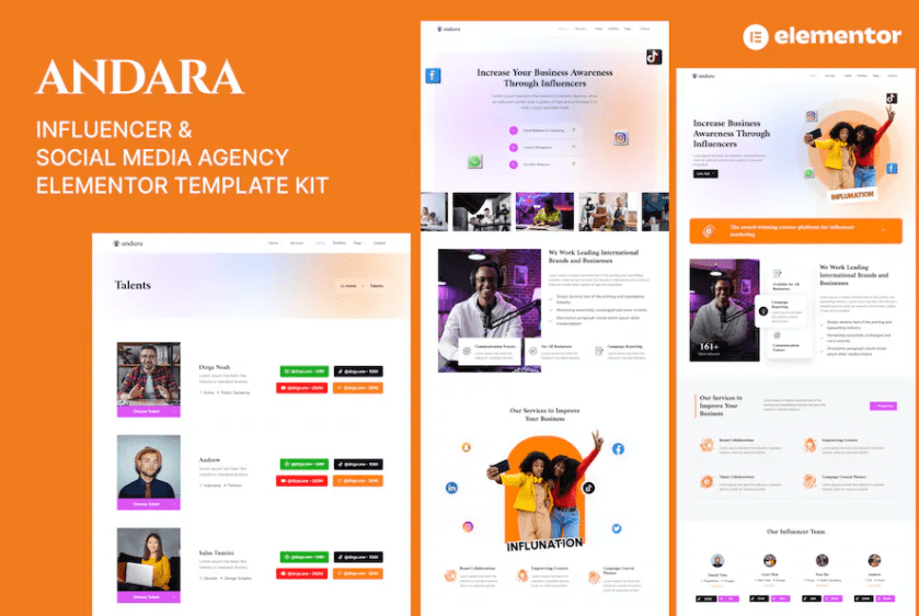 Andara – 影响者和社交媒体代理模板 Elementor
